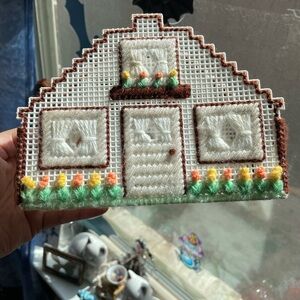 Vintage Embroidered Cottagecore needlepoint house decorative napkin holder